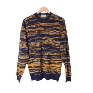 John Smedley Merino Wool Sweater Navy & Gold Tiger Stripe Abstract Wave Size L